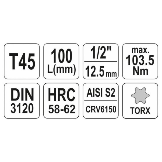 YATO Hosszú bit dugókulcs Torx 1/2' T45 CrV (YT-04325) YATO Hosszú bit dugókulcs Torx 1/2' T45 CrV (YT-04325)