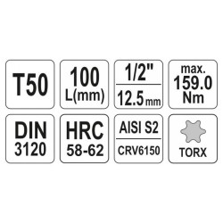 YATO Hosszú bit dugókulcs Torx 1/2' T50 CrV (YT-04326)