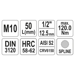 YATO Bit dugókulcs Spline 1/2' M10 CrV (YT-04343)