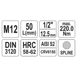YATO Bit dugókulcs Spline 1/2' M12 CrV (YT-04344) YATO Bit dugókulcs Spline 1/2' M12 CrV (YT-04344)