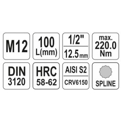 YATO Hosszú bit dugókulcs Spline 1/2' M12 CrV (YT-04354) YATO Hosszú bit dugókulcs Spline 1/2' M12 CrV (YT-04354)