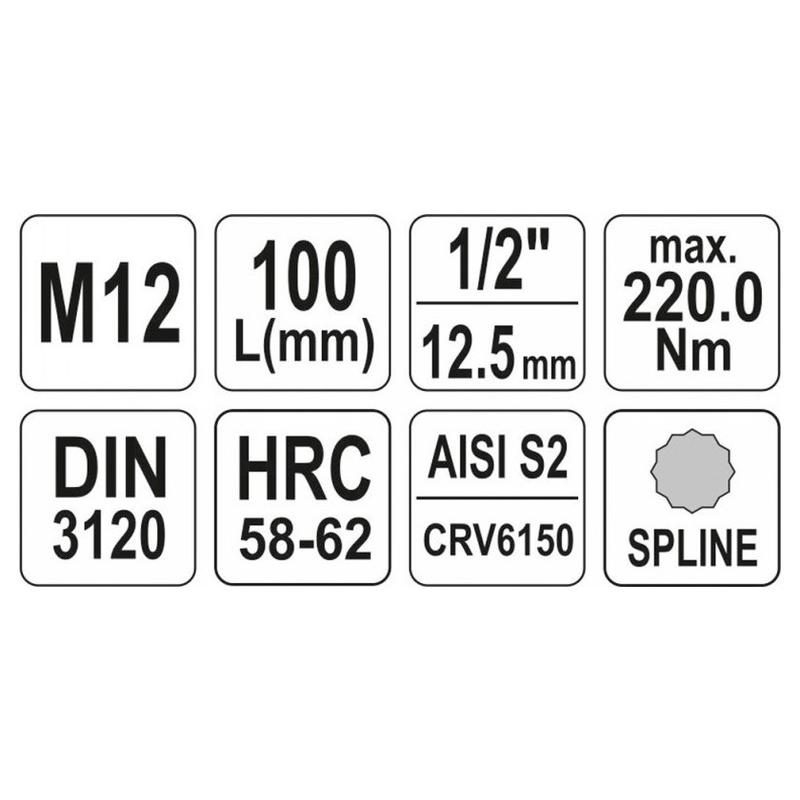 YATO Hosszú bit dugókulcs Spline 1/2' M12 CrV (YT-04354)