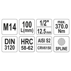YATO Hosszú bit dugókulcs Spline 1/2' M14 CrV (YT-04355) YATO Hosszú bit dugókulcs Spline 1/2' M14 CrV (YT-04355)
