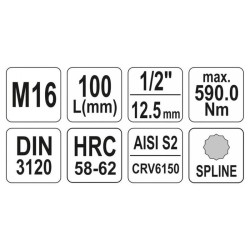 YATO Hosszú bit dugókulcs Spline 1/2' M16 CrV (YT-04356)