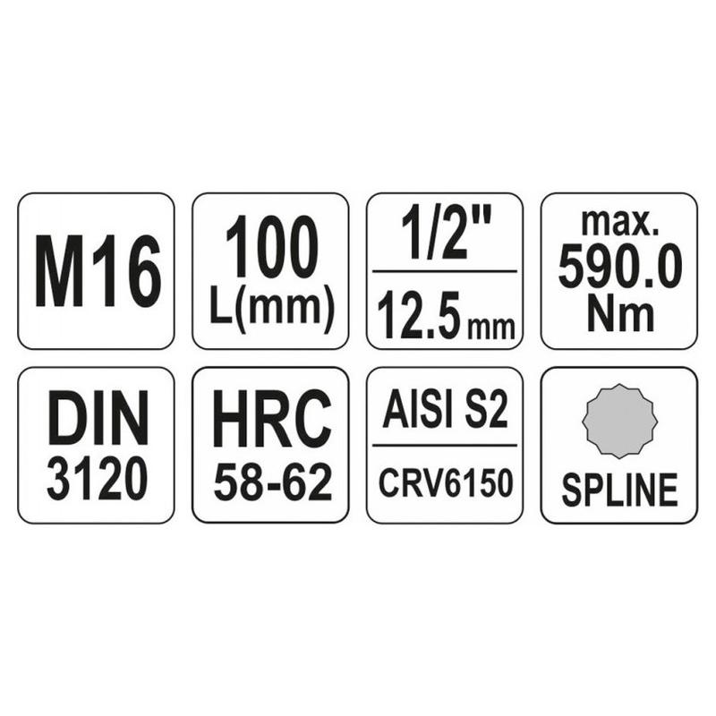 YATO Hosszú bit dugókulcs Spline 1/2' M16 CrV (YT-04356)