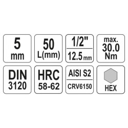 YATO Bit dugókulcs Imbusz 1/2' 5 mm CrV (YT-04381)