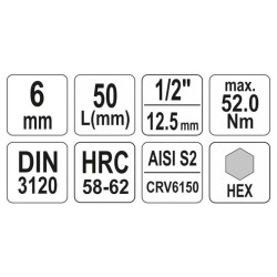 YATO Bit dugókulcs Imbusz 1/2' 6 mm CrV (YT-04382)