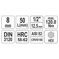 YATO Bit dugókulcs Imbusz 1/2' 8 mm CrV (YT-04384) YATO Bit dugókulcs Imbusz 1/2' 8 mm CrV (YT-04384)