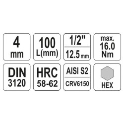 YATO Hosszú bit dugókulcs Imbusz 1/2' 4 mm CrV (YT-04390)