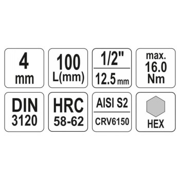 YATO Hosszú bit dugókulcs Imbusz 1/2' 4 mm CrV (YT-04390)