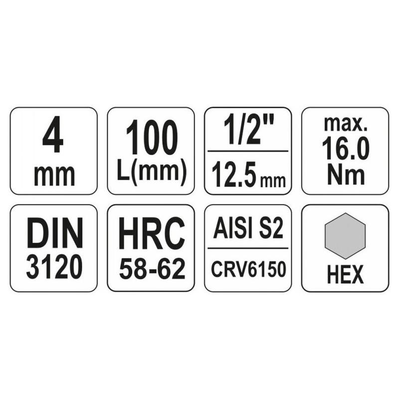 YATO Hosszú bit dugókulcs Imbusz 1/2' 4 mm CrV (YT-04390)