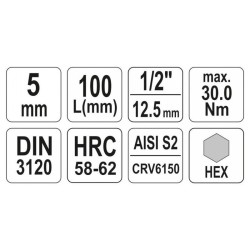 YATO Hosszú bit dugókulcs Imbusz 1/2' 5 mm CrV (YT-04391) YATO Hosszú bit dugókulcs Imbusz 1/2' 5 mm CrV (YT-04391)