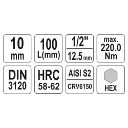 YATO Hosszú bit dugókulcs Imbusz 1/2' 10 mm CrV (YT-04395)