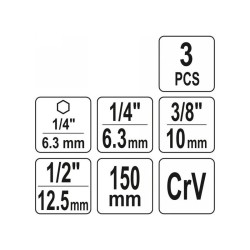 YATO Dugókulcs adapter készlet 3 részes 1/4' Hex - 1/4', 3/8', 1/2' négyszög CrV (YT-04628) YATO Dugókulcs adapter készlet 3 részes 1/4' Hex - 1/4', 3/8', 1/2' négyszög CrV (YT-04628)