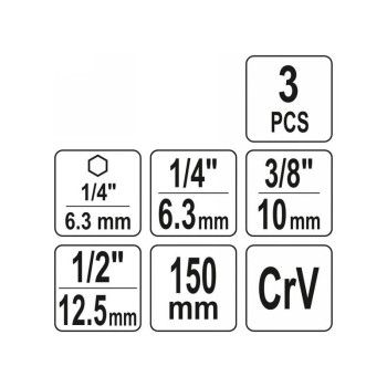 YATO Dugókulcs adapter készlet 3 részes 1/4' Hex - 1/4', 3/8', 1/2' négyszög CrV (YT-04628)