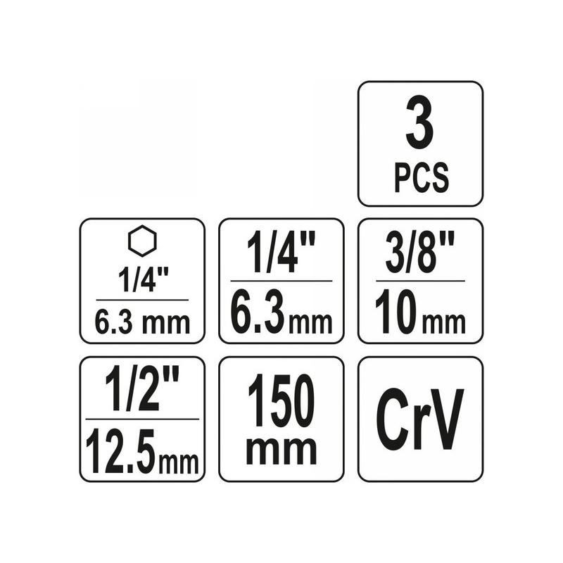 YATO Dugókulcs adapter készlet 3 részes 1/4' Hex - 1/4', 3/8', 1/2' négyszög CrV (YT-04628)