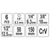 YATO Dugókulcs adapter készlet 6 részes 1/4' Hex - 1/4', 3/8', 1/2' négyszög CrV (YT-04629)