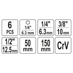 YATO Dugókulcs adapter készlet 6 részes 1/4' Hex - 1/4', 3/8', 1/2' négyszög CrV (YT-04629) YATO Dugókulcs adapter készlet 6 részes 1/4' Hex - 1/4', 3/8', 1/2' négyszög CrV (YT-04629)