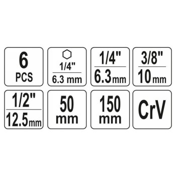 YATO Dugókulcs adapter készlet 6 részes 1/4' Hex - 1/4', 3/8', 1/2' négyszög CrV (YT-04629)
