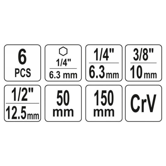 YATO Dugókulcs adapter készlet 6 részes 1/4' Hex - 1/4', 3/8', 1/2' négyszög CrV (YT-04629) YATO Dugókulcs adapter készlet 6 részes 1/4' Hex - 1/4', 3/8', 1/2' négyszög CrV (YT-04629)