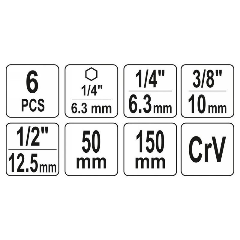 YATO Dugókulcs adapter készlet 6 részes 1/4' Hex - 1/4', 3/8', 1/2' négyszög CrV (YT-04629)