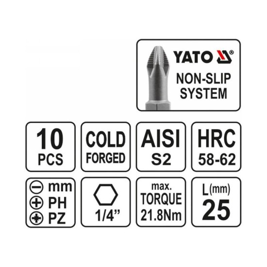 YATO Bithegy készlet 10 részes 25 mm (YT-0482) YATO Bithegy készlet 10 részes 25 mm (YT-0482)