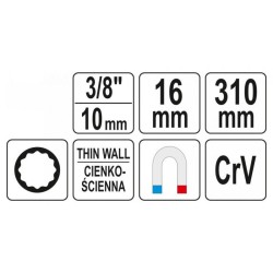 YATO Gyertyakulcs csuklós toldószárral 16 mm 3/8' mágneses CrV (YT-08164)
