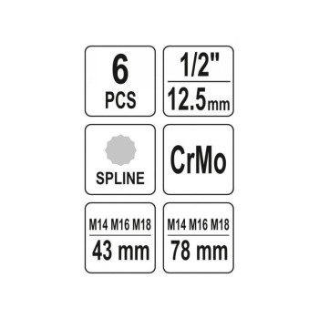 YATO Gépi bit dugókulcs készlet 6 részes Spline 1/2' M14-M18 CrMo (YT-10652) YATO Gépi bit dugókulcs készlet 6 részes Spline 1/2' M14-M18 CrMo (YT-10652)
