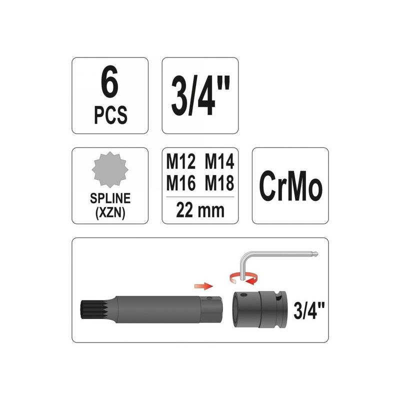 YATO Gépi bit dugókulcs készlet 6 részes Spline 3/4' M12-M18 CrMo (YT-1157) YATO Gépi bit dugókulcs készlet 6 részes Spline 3/4' M12-M18 CrMo (YT-1157)