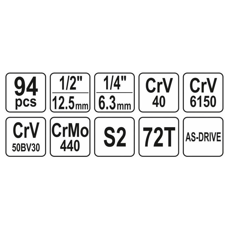 YATO Dugókulcs készlet 94 részes 1/4', 1/2' CrV (YT-12681) YATO Dugókulcs készlet 94 részes 1/4', 1/2' CrV (YT-12681)