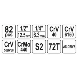 YATO Dugókulcs készlet 82 részes 1/4', 1/2' CrV (YT-12691) YATO Dugókulcs készlet 82 részes 1/4', 1/2' CrV (YT-12691)