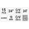 YATO Dugókulcs készlet 15 részes 3/4' 30-60 mm CrV (YT-1334)