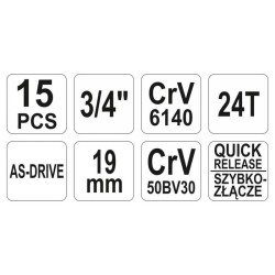 YATO Dugókulcs készlet 15 részes 3/4' 30-60 mm CrV (YT-1334) YATO Dugókulcs készlet 15 részes 3/4' 30-60 mm CrV (YT-1334)