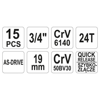 YATO Dugókulcs készlet 15 részes 3/4' 30-60 mm CrV (YT-1334)