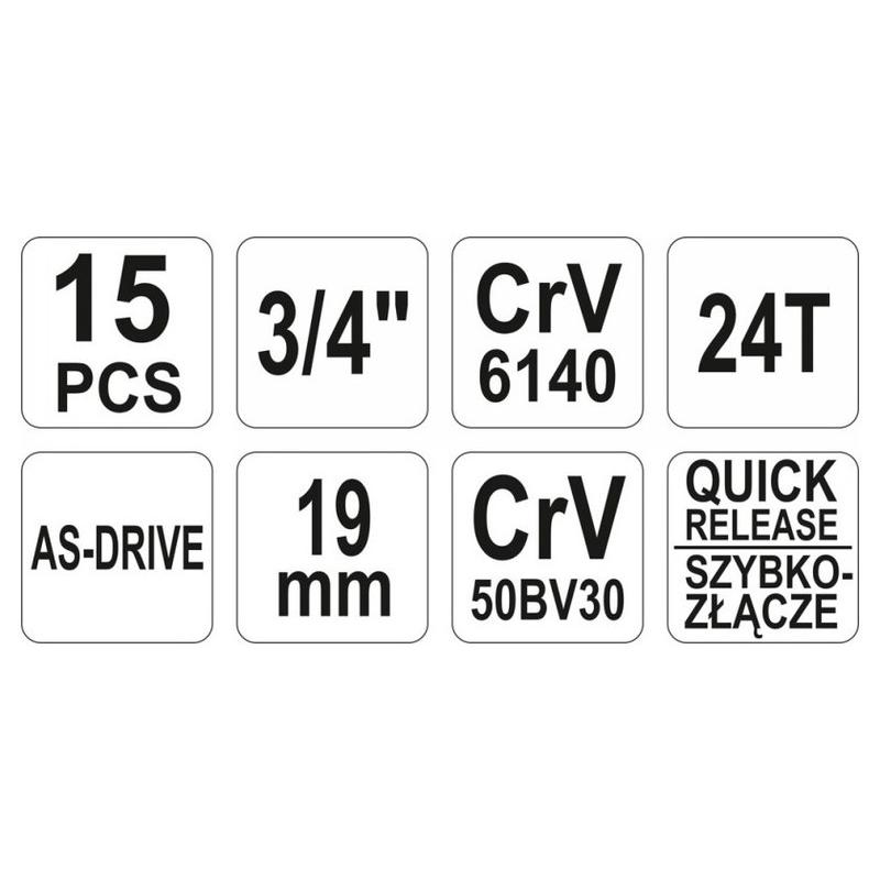 YATO Dugókulcs készlet 15 részes 3/4' 30-60 mm CrV (YT-1334)