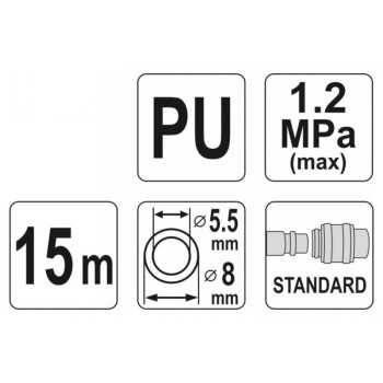 YATO Pneumatikus tömlő (spirál) gyorscsatlakozóval 5,5 x 8 mm x 15 m 1,2 MPa (YT-24203)