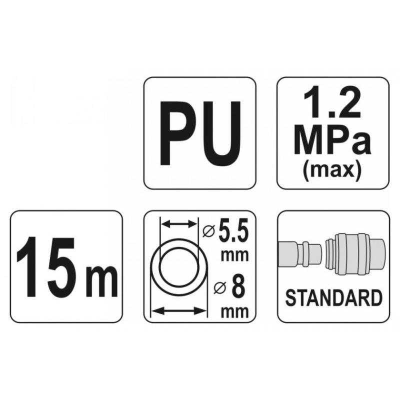 YATO Pneumatikus tömlő (spirál) gyorscsatlakozóval 5,5 x 8 mm x 15 m 1,2 MPa (YT-24203)