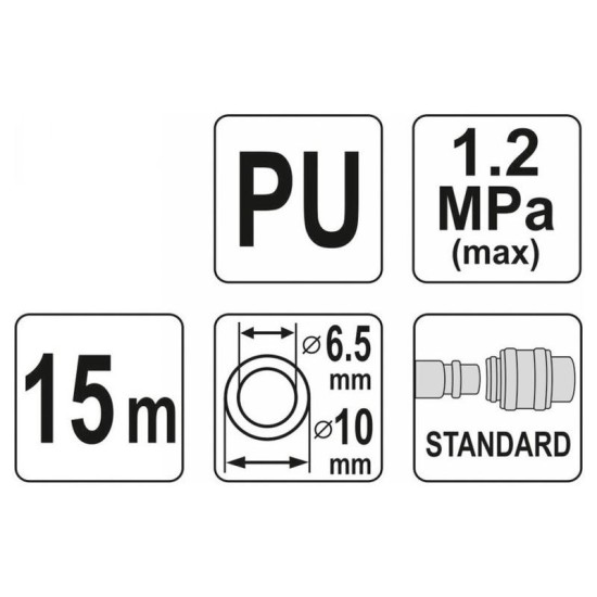 YATO Pneumatikus tömlő (spirál) gyorscsatlakozóval 6,5 x 10 mm x 15 m 1,2 MPa (YT-24206) YATO Pneumatikus tömlő (spirál) gyorscsatlakozóval 6,5 x 10 mm x 15 m 1,2 MPa (YT-24206)