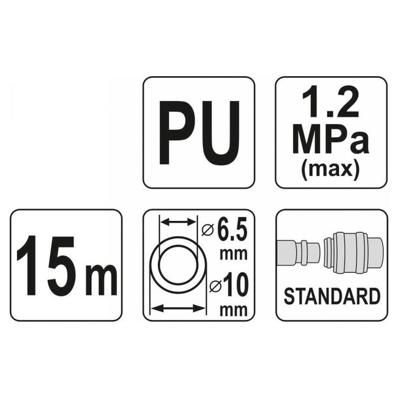 YATO Pneumatikus tömlő (spirál) gyorscsatlakozóval 6,5 x 10 mm x 15 m 1,2 MPa (YT-24206)