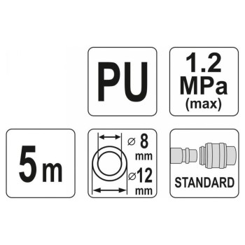 YATO Pneumatikus tömlő (spirál) gyorscsatlakozóval 8 x 12 mm x 5 m 1,2 MPa (YT-24207)
