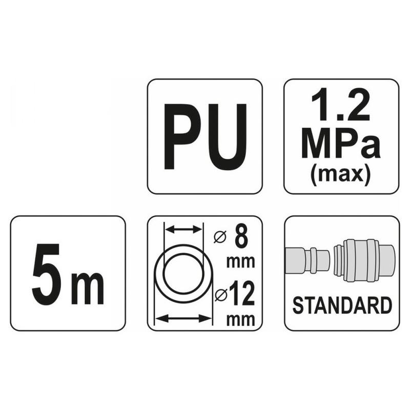 YATO Pneumatikus tömlő (spirál) gyorscsatlakozóval 8 x 12 mm x 5 m 1,2 MPa (YT-24207)