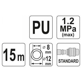 YATO Pneumatikus tömlő (spirál) gyorscsatlakozóval 8,0 x 12 mm x 15 m 1,2 MPa (YT-24209)