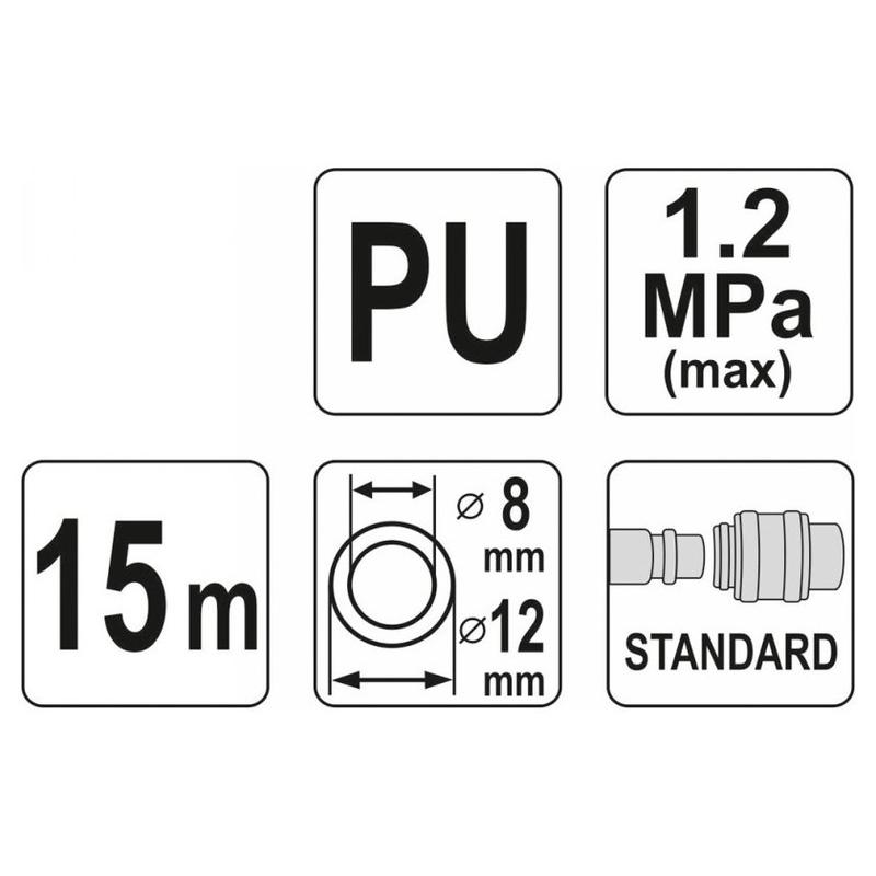 YATO Pneumatikus tömlő (spirál) gyorscsatlakozóval 8,0 x 12 mm x 15 m 1,2 MPa (YT-24209)