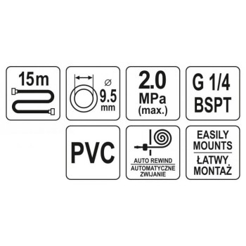YATO Automata pneumatikus tömlődob 9,5 mm x 15 m (YT-24250) YATO Automata pneumatikus tömlődob 9,5 mm x 15 m (YT-24250)