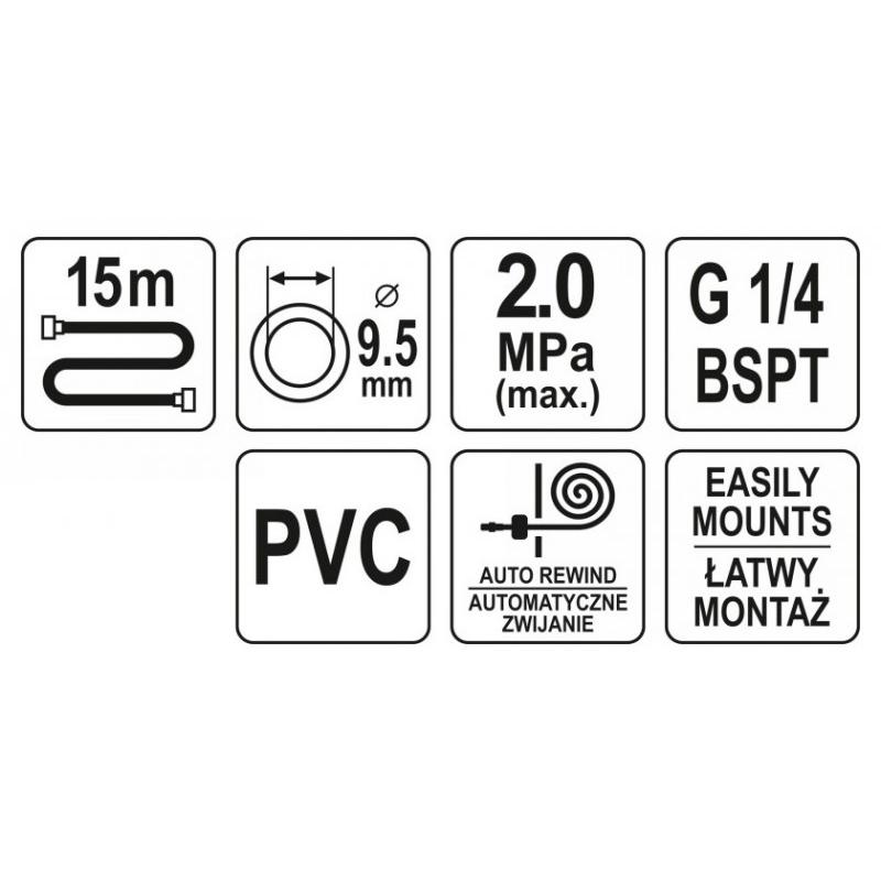 YATO Automata pneumatikus tömlődob 9,5 mm x 15 m (YT-24250) YATO Automata pneumatikus tömlődob 9,5 mm x 15 m (YT-24250)