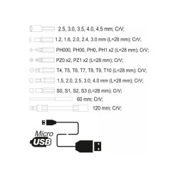 YATO Akkus precíziós csavarozó és bithegy készlet 39 részes 3,6 V Li-Ion (0,45 Ah + töltőkábel) (YT-27930)