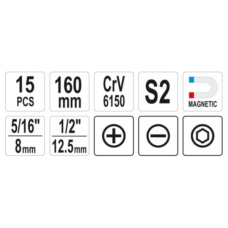 YATO Kézi ütvecsavarozó készlet 15 részes mágneses (YT-28015)