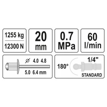 YATO Pneumatikus popszegecshúzó 1/4' 4,0 - 6,4 mm (YT-36177) YATO Pneumatikus popszegecshúzó 1/4' 4,0 - 6,4 mm (YT-36177)