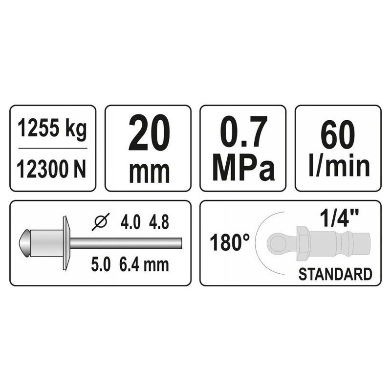 YATO Pneumatikus popszegecshúzó 1/4' 4,0 - 6,4 mm (YT-36177) YATO Pneumatikus popszegecshúzó 1/4' 4,0 - 6,4 mm (YT-36177)
