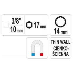 YATO Vékonyfalú gyertyakulcs 3/8' 14 mm / 63 mm (YT-38510) YATO Vékonyfalú gyertyakulcs 3/8' 14 mm / 63 mm (YT-38510)
